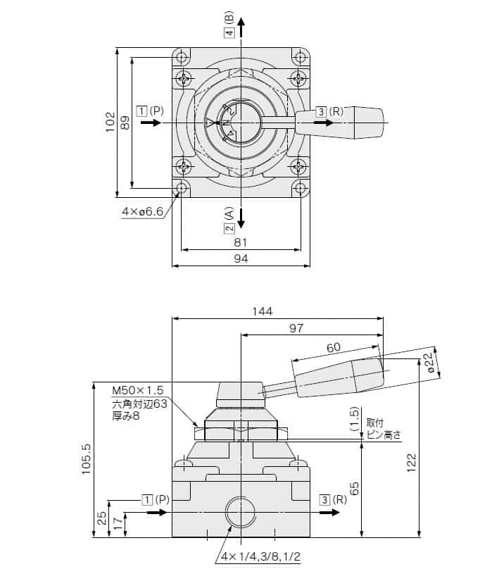 エスコ EA153SJ-14 Rc1/4手動切替バルブ(4方向) 1個 （ご注文単位1個）【直送品】