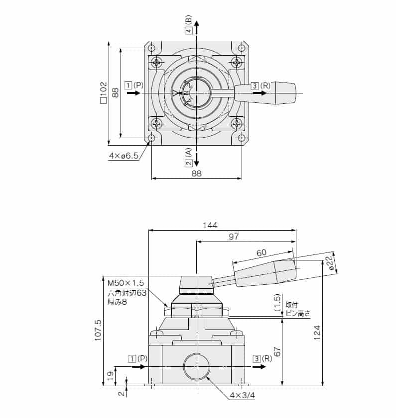 エスコ EA153SJ-17 Rc3/4手動切替バルブ(4方向) 1個 （ご注文単位1個）【直送品】