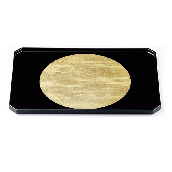 若泉漆器 隅切長手布目膳　日月銀彩裏黒千筋　本漆塗  B-9-92 1個（ご注文単位1個）【直送品】