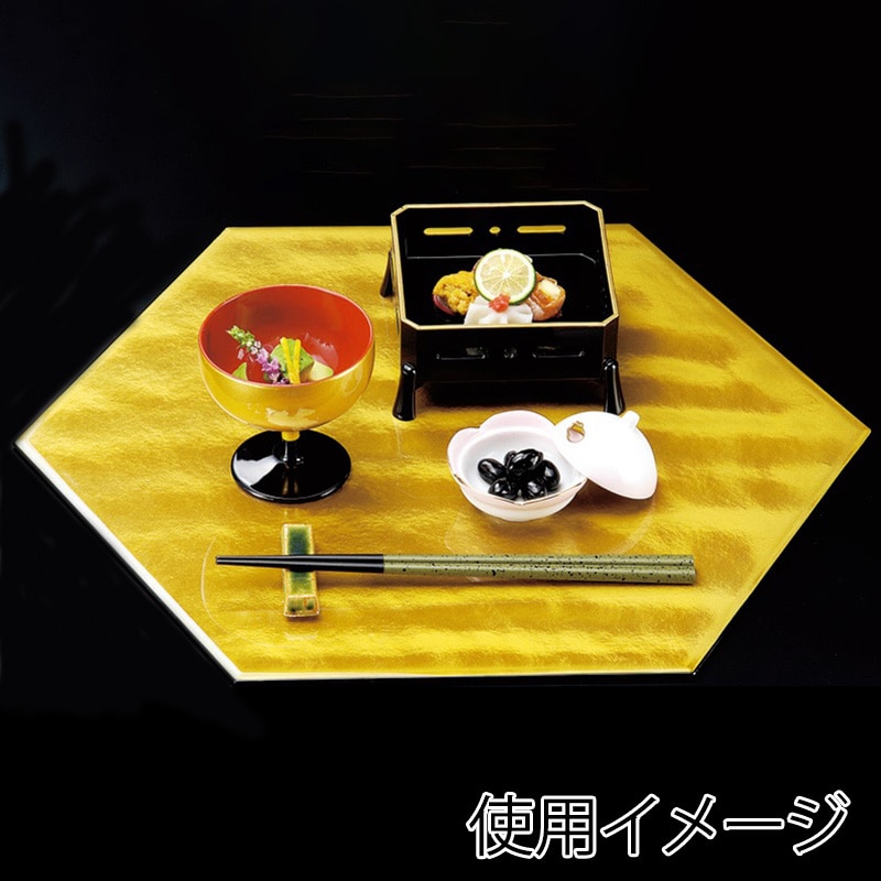 若泉漆器 尺5寸六角プレート　金雲流／黒塗  B-10-64 1個（ご注文単位1個）【直送品】