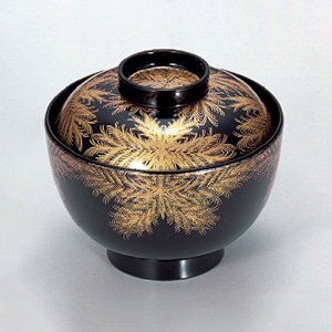 若泉漆器 3.8寸仙才椀 黒にシダS・H塗 W-2-22 1個(ご注文単位1個)【直送品】