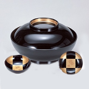 若泉漆器 柳椀　黒見返市松春秋つば金  W-2-53 1個（ご注文単位1個）【直送品】