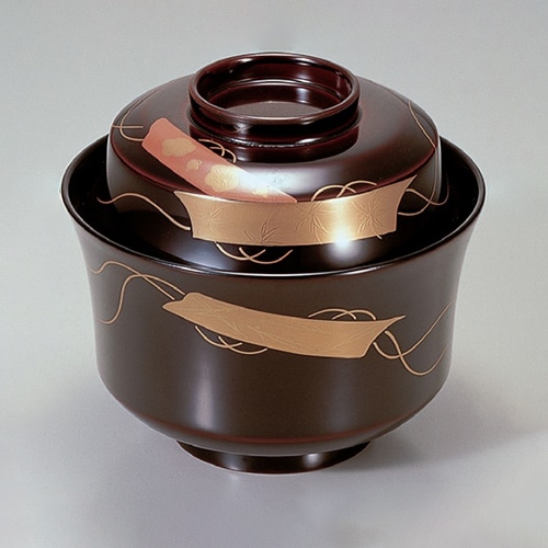 若泉漆器 3.5寸京型吸椀　溜松竹梅短冊　本漆塗　手描磨蒔絵  1-195-3 1個（ご注文単位1個）【直送品】