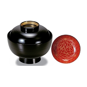 若泉漆器 4寸乱引椀蓋黒内朱菊ツバ金見返付本漆塗手描蒔絵  1-195-8 1個（ご注文単位1個）【直送品】