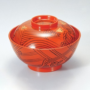 若泉漆器 4.5寸煮物椀　朱刷毛目波千鳥内朱S・H塗  1-200-10 1個（ご注文単位1個）【直送品】