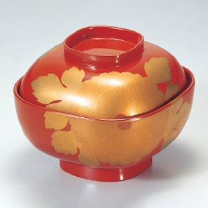 若泉漆器 4寸角椀　総朱に菊  1-205-4 1個（ご注文単位1個）【直送品】