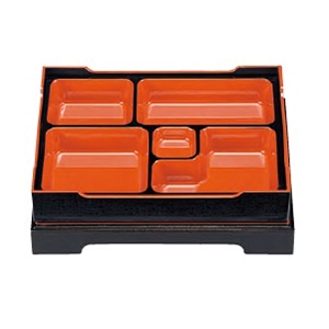 若泉漆器 尺1寸長手御膳布目松花堂　黒天朱 仕切付 1-370-2 1個（ご注文単位1個）【直送品】