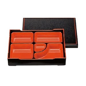 若泉漆器 尺0寸長手雅松花堂　黒布目天朱 仕切付 1-371-5 1個（ご注文単位1個）【直送品】