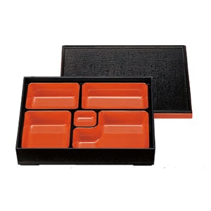 若泉漆器 尺0寸長手布目松花堂　黒渕朱 仕切付 1-372-1 1個（ご注文単位1個）【直送品】