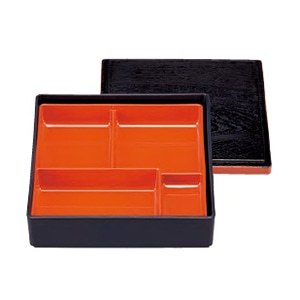 若泉漆器 6.5寸木目松花堂　黒渕朱 仕切付 1-403-5 1個（ご注文単位1個）【直送品】