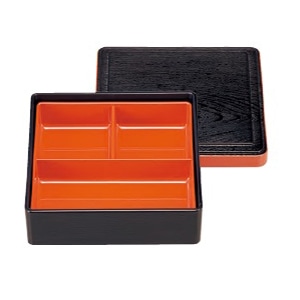 若泉漆器 5.5寸木目松花堂 黒渕朱 仕切付 1-403-6 1個(ご注文単位1個)【直送品】