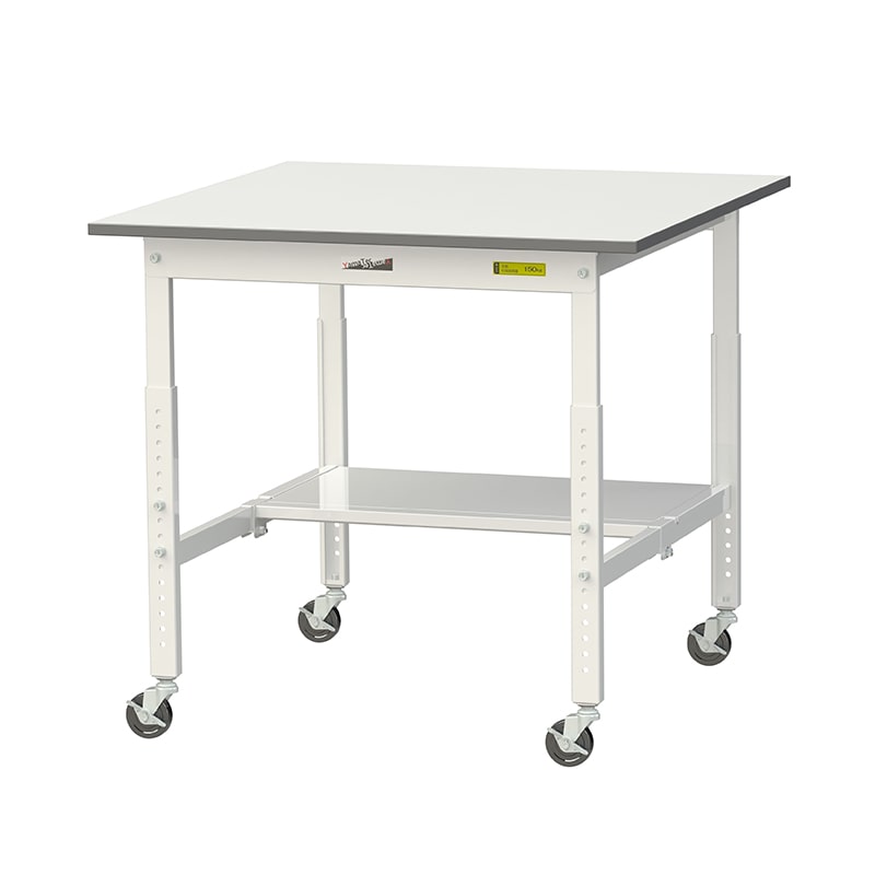 山金工業 ワークテーブル150 高さ調整タイプ 移動式 H685~985mm 半面棚板付 900×900 1台(ご注文単位1台)【直送品】