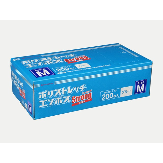 使い捨て手袋 ポリストレッチエンボスストロング M 青 200枚/箱(ご注文単位20箱)【直送品】