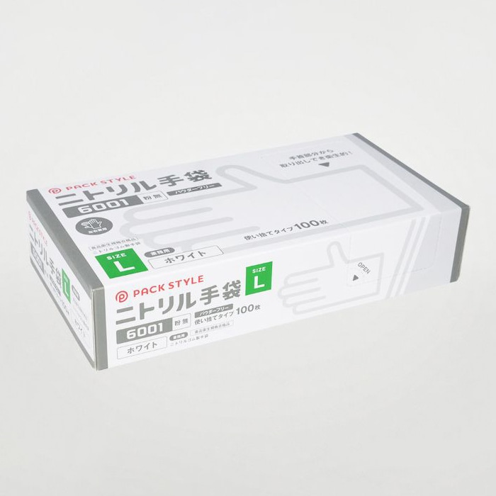 パックスタイル ニトリル手袋　白　6001 粉無　L　100枚 00734319 100枚/箱（ご注文単位30箱）【直送品】