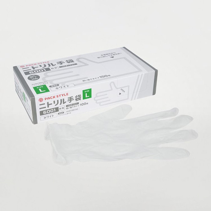 パックスタイル ニトリル手袋　白　6001 粉無　L　100枚 00734319 100枚/箱（ご注文単位30箱）【直送品】