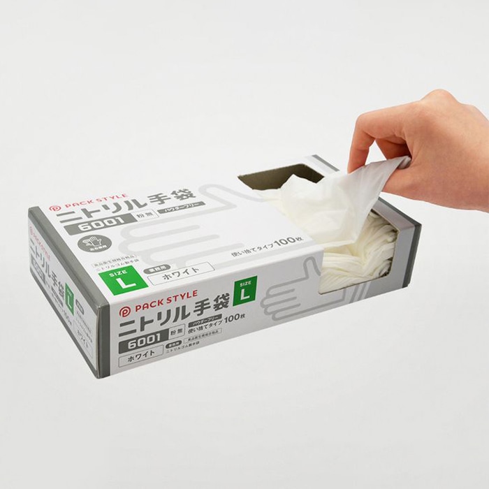 パックスタイル ニトリル手袋　白　6001 粉無　L　100枚 00734319 100枚/箱（ご注文単位30箱）【直送品】