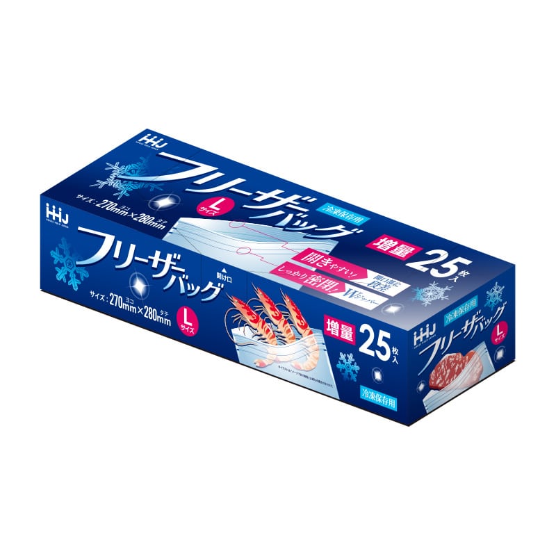ハウスホールドジャパン フリーザーバッグ　増量　L　KZ26 冷凍保存用　透明 25枚入 1束（ご注文単位30束）【直送品】