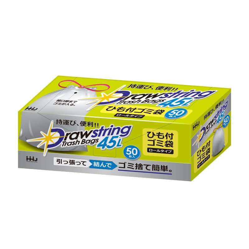 ハウスホールドジャパン ひも付ゴミ袋　ロールタイプ　45L　RD45 半透明 50枚入 1束（ご注文単位12束）【直送品】