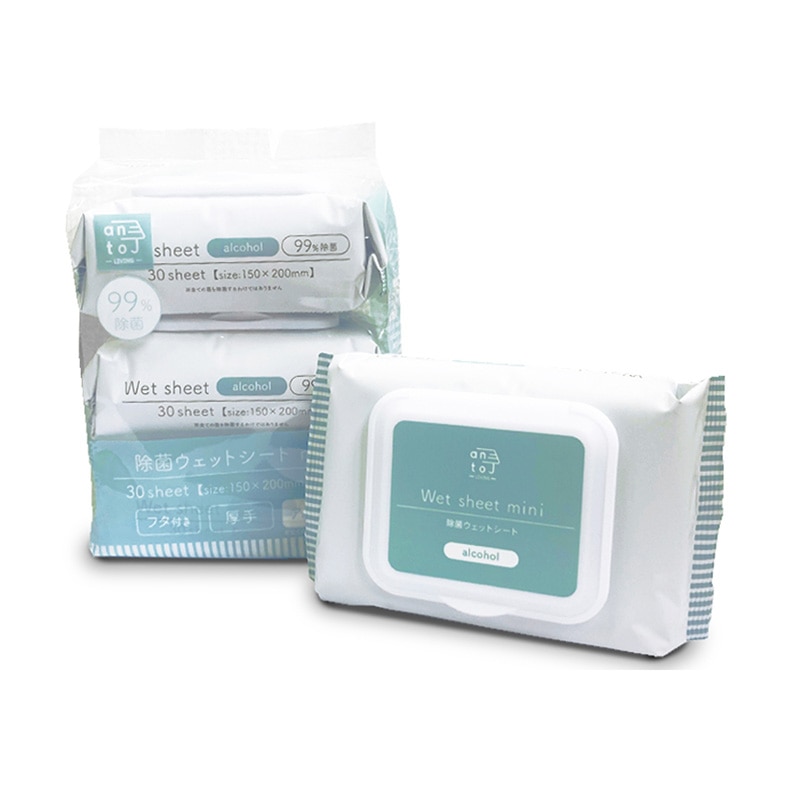 安田産業 除菌ウェットシート アルコール フタ付き 厚手 30シート×3パック 1個（ご注文単位12個）【直送品】