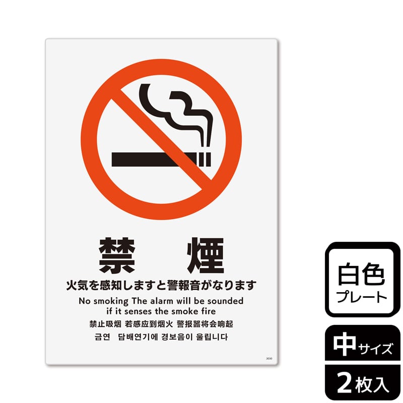 （株）KALBAS プラスチックプレート　タテ中 禁煙　火気を感知しますと警報音がなります KTK3030 1パック（ご注文単位1パック）【直送品】