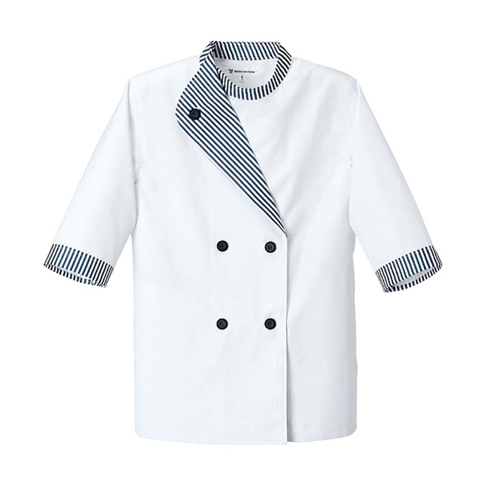 セブンユニフォーム 7分袖コート　女性用 15号　ホワイト×ブルーストライプ BA1051-5　1枚（ご注文単位1枚）【直送品】