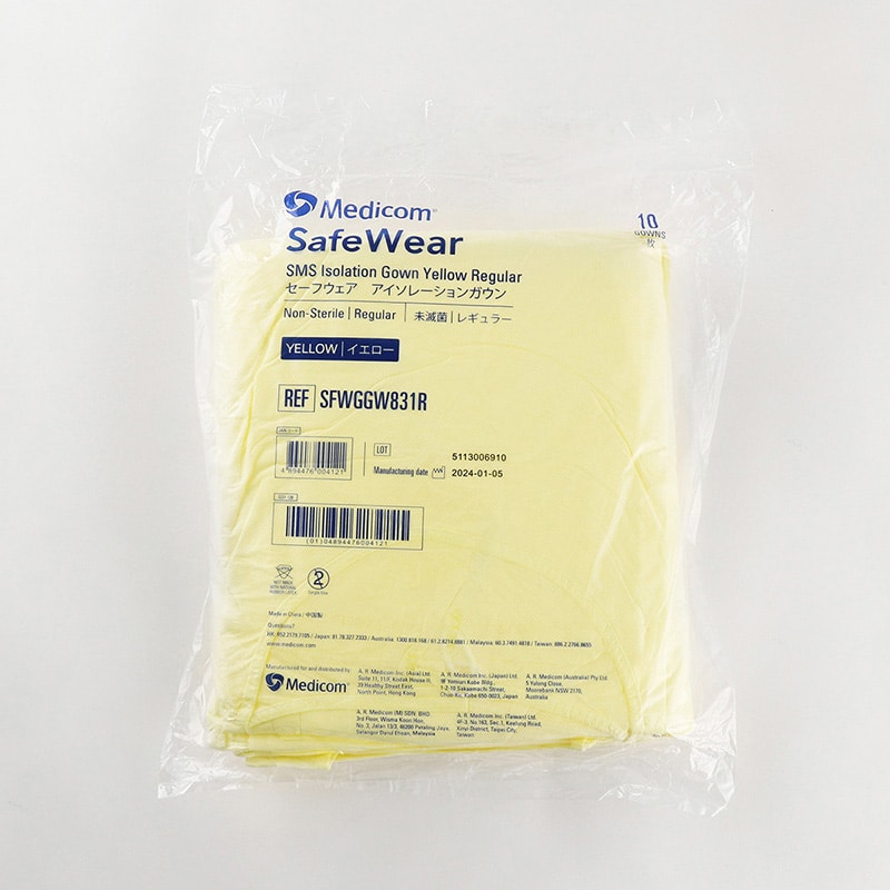 メディコムジャパン セーフウェア アイソレーションガウン イエロー 10枚入 SFWGGW831R 1パック（ご注文単位10パック）【直送品】