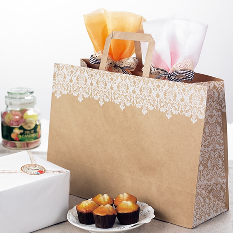 HEIKO 紙袋 Hフラットチャームバッグ 340-1(平手) ダマスクWH 50枚/袋