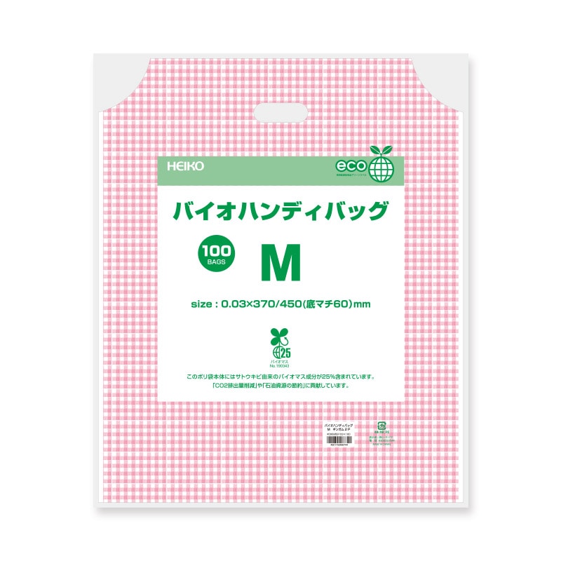HEIKO 手抜きポリ袋 バイオハンディバッグ M ギンガム2 P 100枚/袋
