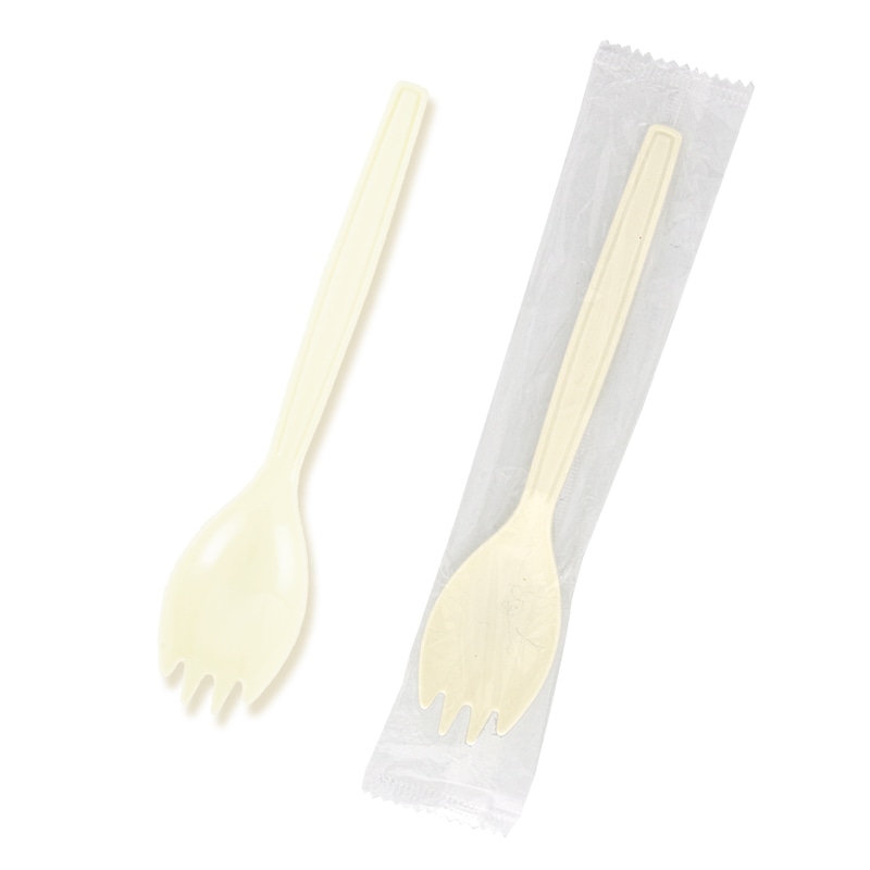 HEIKO プラスチックフォークスプーン 16cm 個包装 アイボリー 100本/袋