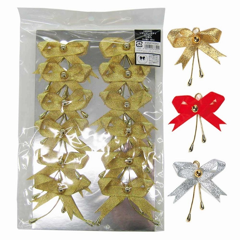 HEIKO リボンビーズタイ 約50mm幅×60mm ゴールド 12本/袋