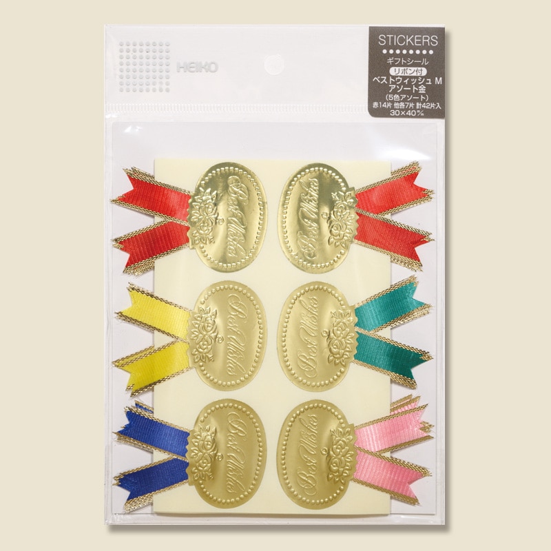 HEIKO ギフトシール(リボン付シール) アソート M ベストウイッシュ 金 42片/束