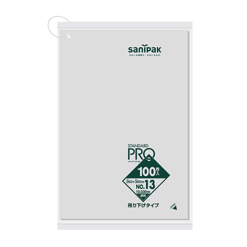 日本サニパック 規格ポリ袋 スタンダードプロ 吊り下げタイプ 透明 13号 0.03mm 100枚 L13H 1パック(ご注文単位30パック)【直送品】