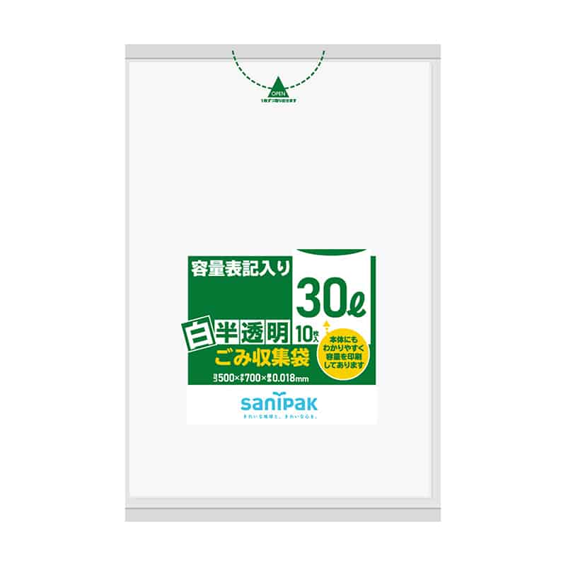 日本サニパック 容量表記入り ごみ収集袋 白半透明 30L 0.018mm 10枚入 HT31 1冊（ご注文単位60冊）【直送品】