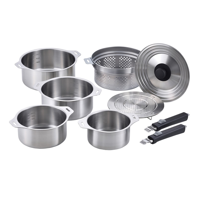 和平フレイズ 燕三 ハンドル着脱式鍋 IH対応 4点セット 蒸し台・中かご付 EM-033 1セット（ご注文単位1セット）【直送品】