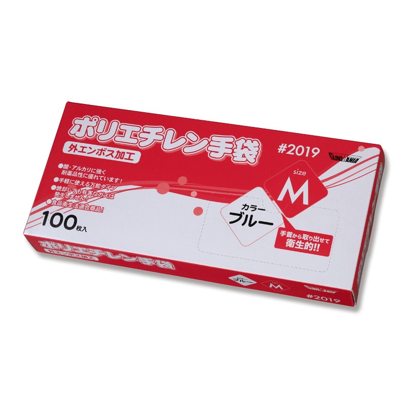 川西工業 ポリグローブ ポリエチレン手袋 外エンボス #2019 M ブルー 100枚/箱
