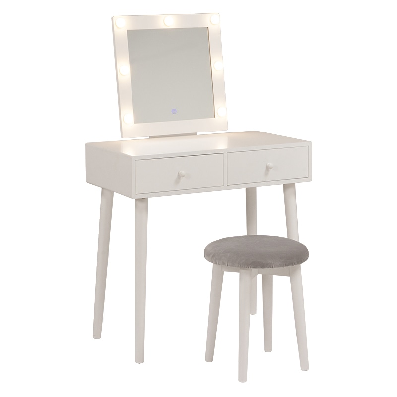 萩原 ドレッサー スツール・LEDライト付 正方形ミラー ホワイト MD-6576WH 1台(ご注文単位1台)【直送品】