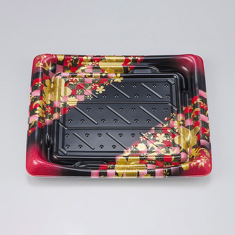 シーピー化成 寿司容器 SFうま皿 本体 34 花雅黒赤 50枚/袋(ご注文単位12袋)【直送品】