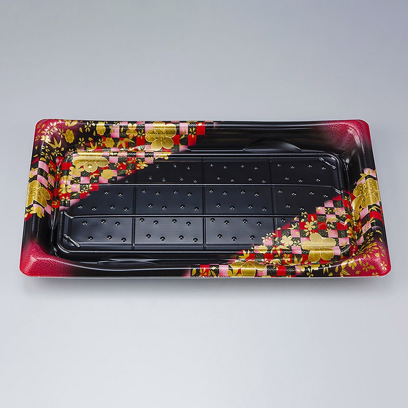 シーピー化成 寿司容器 SFうま皿 本体 38 花雅黒赤 10枚/袋(ご注文単位28袋)【直送品】