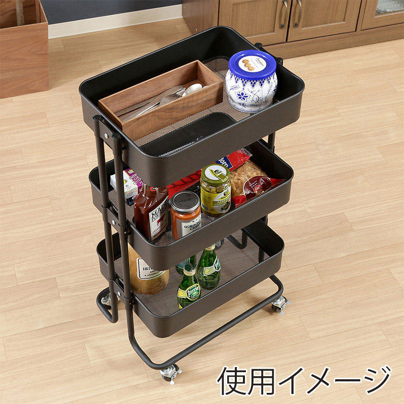不二貿易 キッチンワゴンバスケット 3段 ブラック 1台(ご注文単位1台)【直送品】