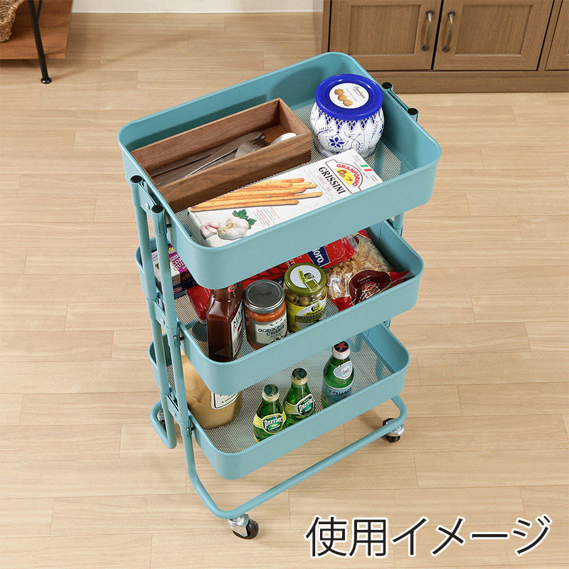 不二貿易 キッチンワゴンバスケット 3段 ターコイズブルー 1台(ご注文単位1台)【直送品】