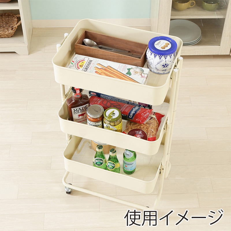 不二貿易 キッチンワゴンバスケット 3段 アイボリー 1台(ご注文単位1台)【直送品】