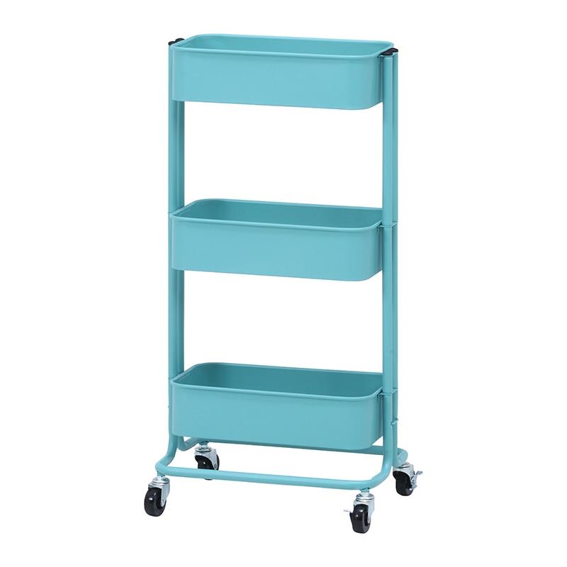 不二貿易 キッチンワゴンバスケット 3段 スリム ターコイズブルー 1台（ご注文単位1台）【直送品】