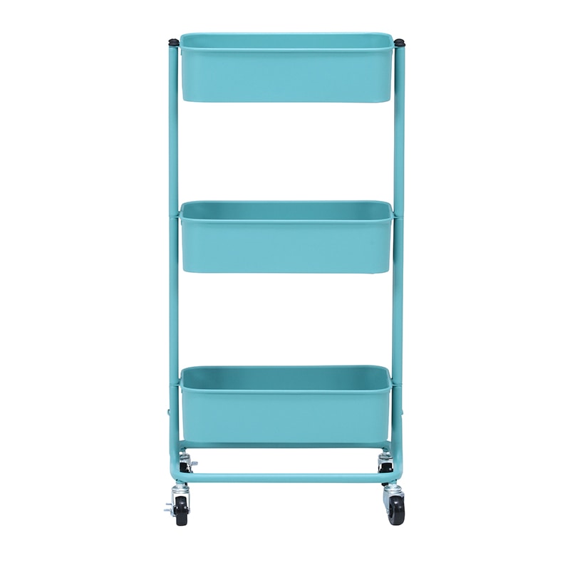 不二貿易 キッチンワゴンバスケット 3段 スリム ターコイズブルー 1台(ご注文単位1台)【直送品】