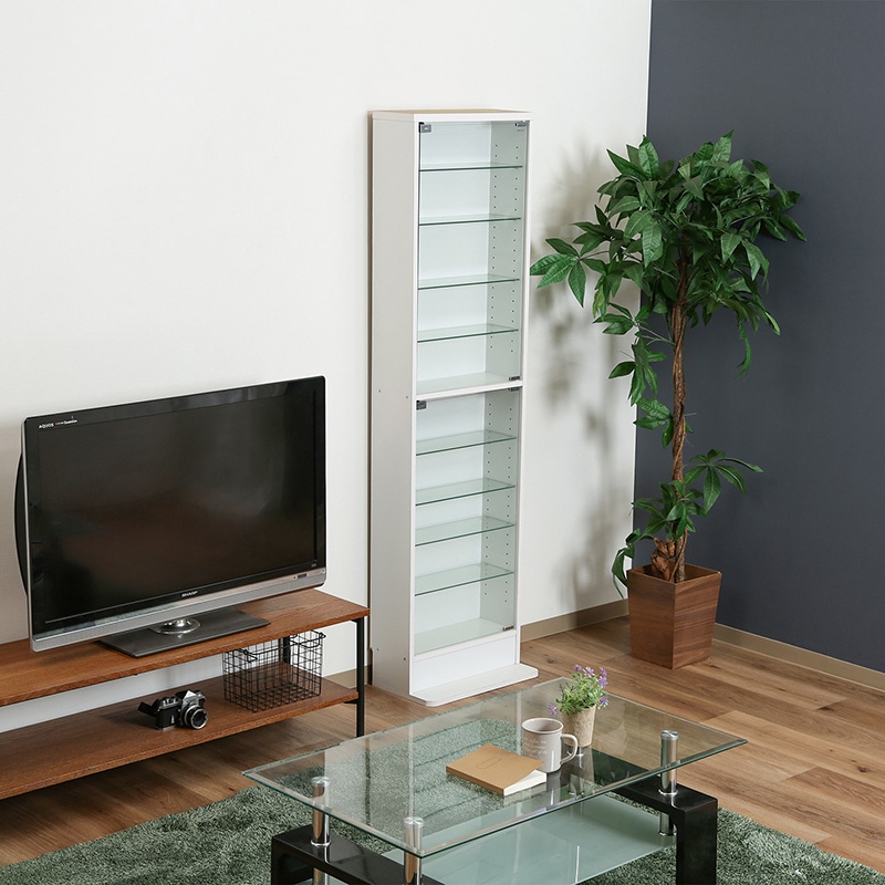 不二貿易 ガラスコレクションケース ハイタイプ 浅型 ホワイト 1台（ご注文単位1台）【直送品】