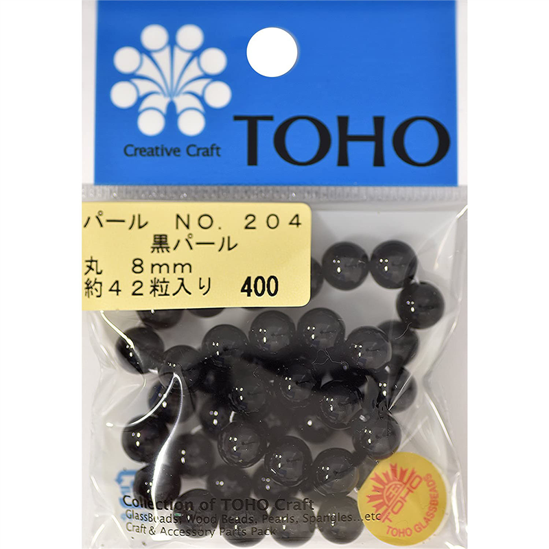 TOHO 丸型パール 外径約8mm 黒 約42ヶ入り No.204 1枚（ご注文単位1枚）【直送品】