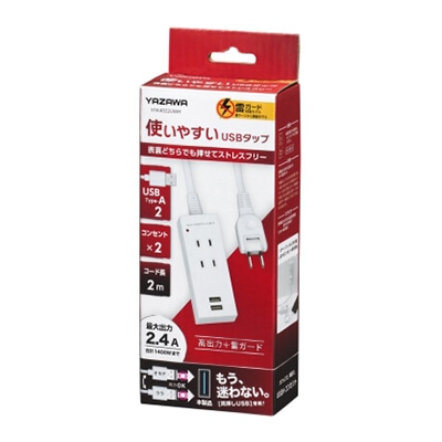 ヤザワコーポレーション 雷ガード付両挿しUSBタップ 2個口 2m H1K4022UWH 1個（ご注文単位1個）【直送品】