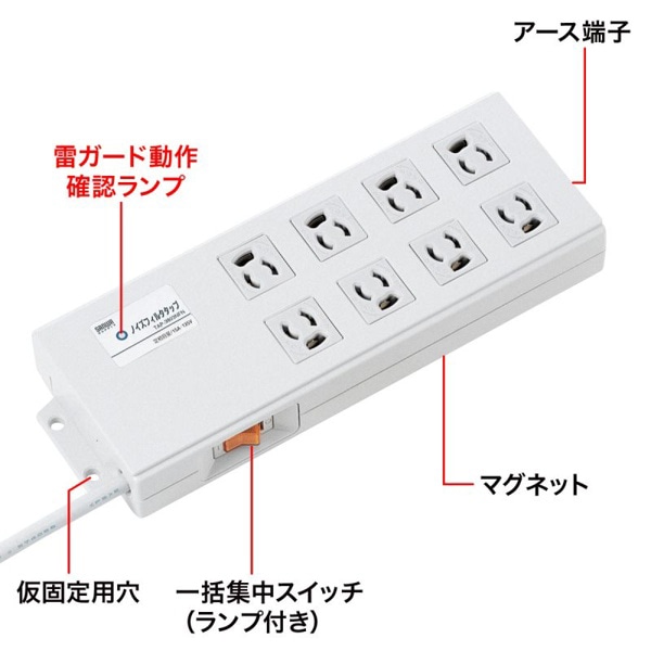 サンワサプライ ノイズフィルタタップ 3P 8個口 2m TAP-3803NFN 1個（ご注文単位1個）【直送品】