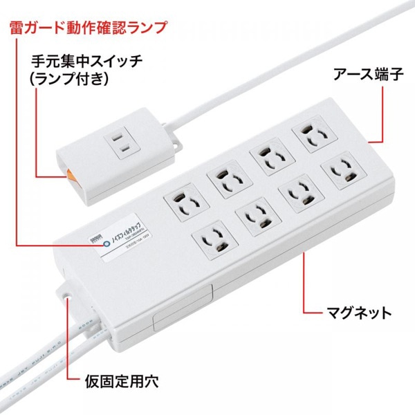 サンワサプライ ノイズフィルタタップ 3P 8個口 2m TAP-3804NFN 1個（ご注文単位1個）【直送品】