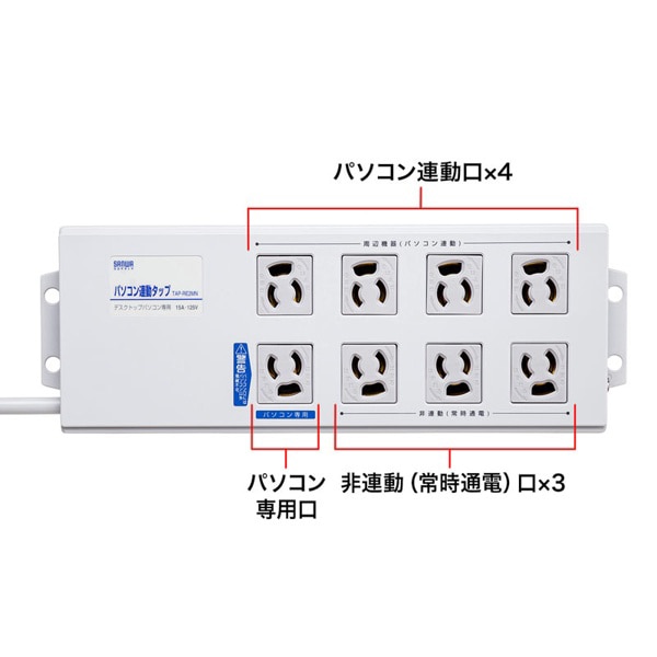 サンワサプライ パソコン連動タップ 抜け止めタイプ 3P・8個口・2m TAP-RE2MN 1個（ご注文単位1個）【直送品】