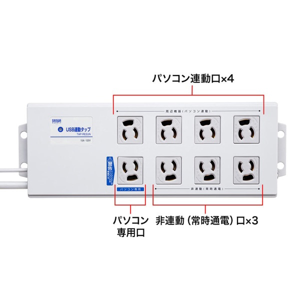 サンワサプライ USB連動タップ 抜け止めタイプ 3P・8個口・2m TAP-RE2UN 1個（ご注文単位1個）【直送品】